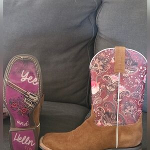 Tin Haul Brown Suede Western Heeled Boots with Pink Paisley Shaft